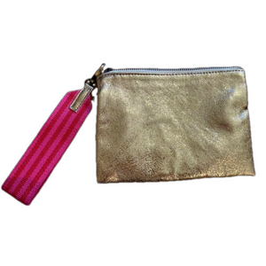 Anthropologie Jackson Gold Metallic Leather Wristlet Pouch Stripe Strap Clutch